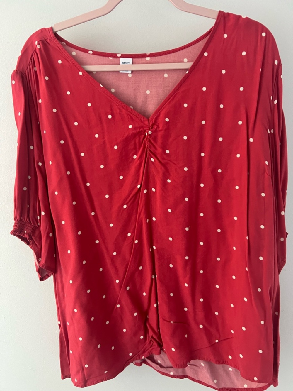 Red Polka Dot Women's V-Neck Blouse - Classic Casual Top